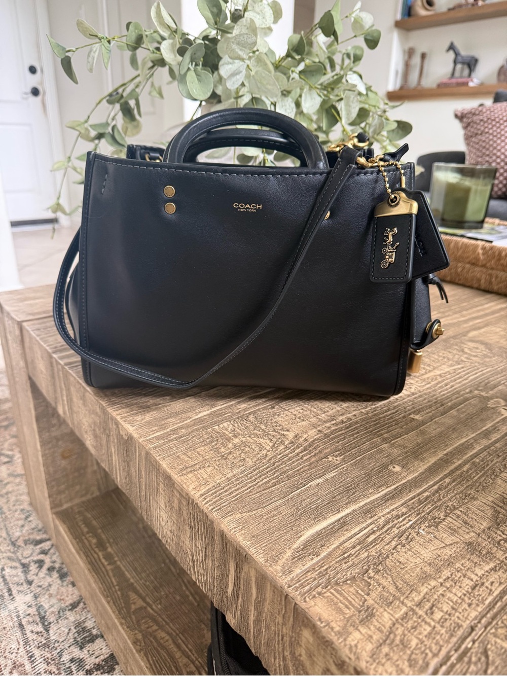 Coach Navy Black Leather Satchel with Gold Hardware